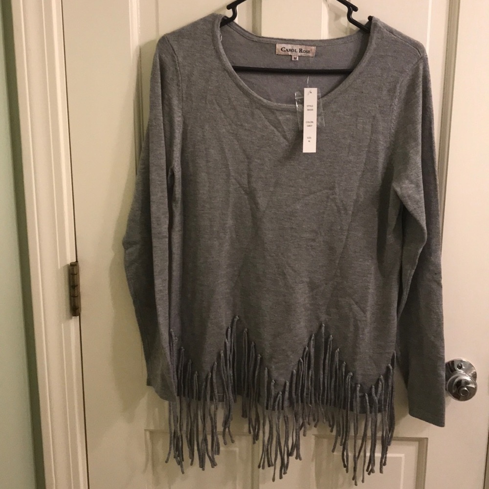 NWT! CAROL ROSE Grey with fringes Size M Sweater